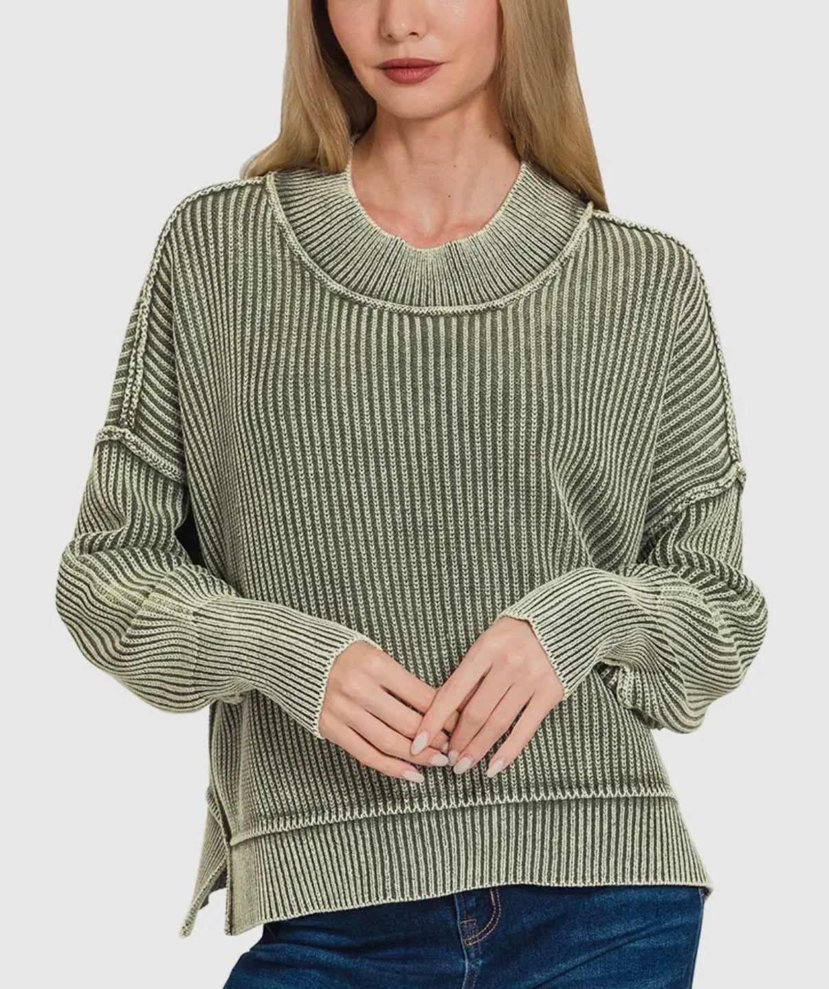Ribbed Mineral Wash Sweater- Olive